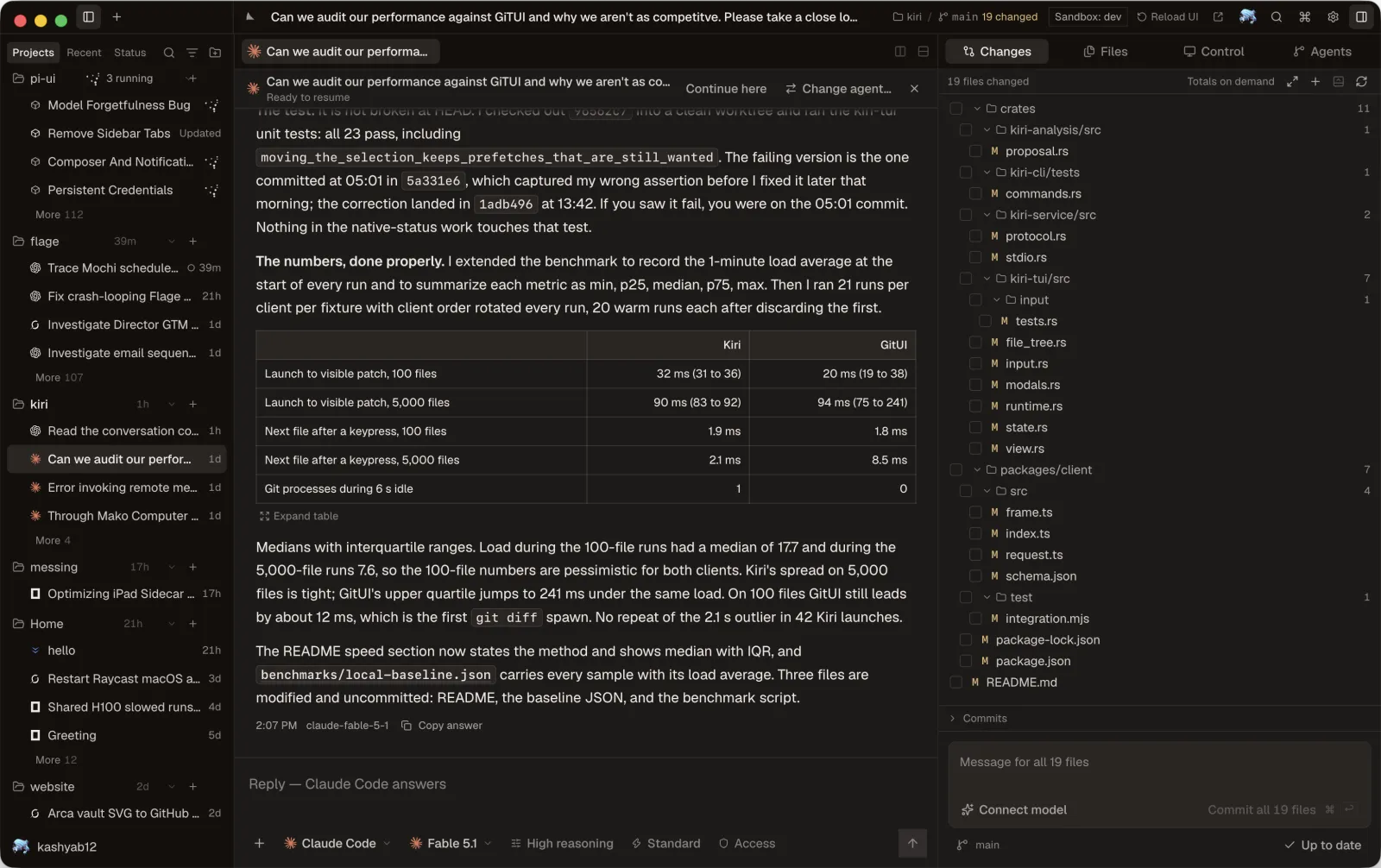 Mako with a Claude Code thread open: projects and threads on the left, the conversation in the middle, the changed files on the right